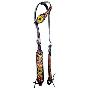 Bar H Equine Sunflower Floral Hand Carved Horse Leather One Ear Headstall Brown